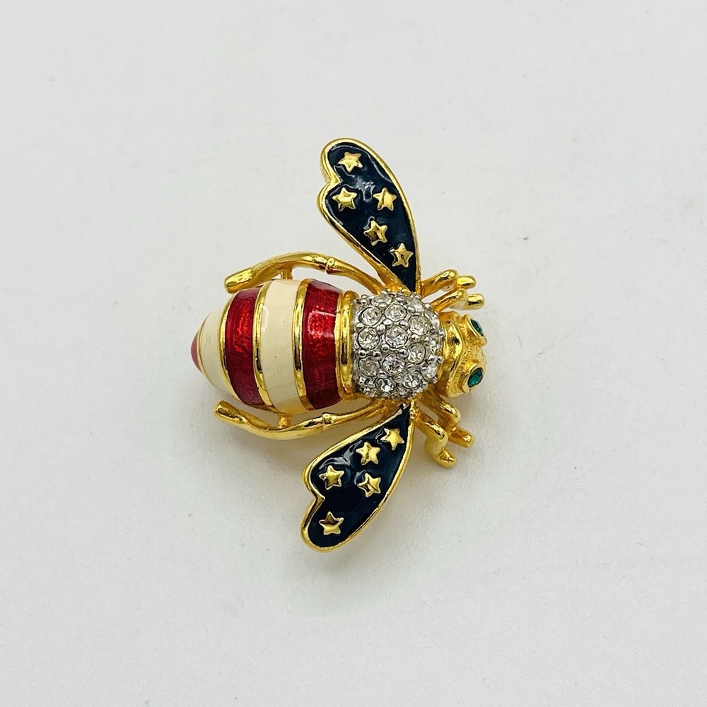 Joan Rivers American Flag Bee Pin Brooch Crystal 4th July Patriotic USA Gold - Picture 4 of 7